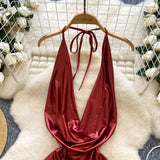 Eleganter Neckholder Swing-Kragen Jumpsuit Vintage Hohe Taille Schmal geschnittener Strampler für Frühling/Sommer