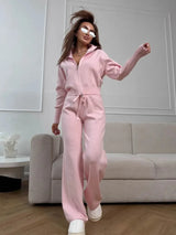 Damen 2-teiliges geripptes Strick-Loungewear-Set – Trendiger Cardigan in schmaler Passform und Hose mit weitem Bein