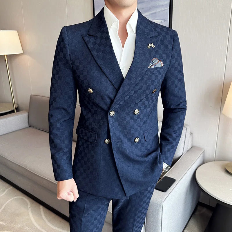 Luxury Men’s Checkered 2-Piece Suit – Double Breasted Slim Fit Business Set