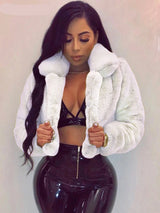 Women's Faux Fur Crop Jacket – Elegant Open Front Lapel Shaggy Fluffy Short Jacket