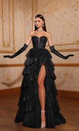 Abendkleid mit schwarzer Spitzenstickerei | Glitzer-Tüll-Lagenkleid