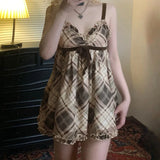 Y2K Bow Contrast Checked Tank Top | Vintage Sleeveless V-Neck Camisole