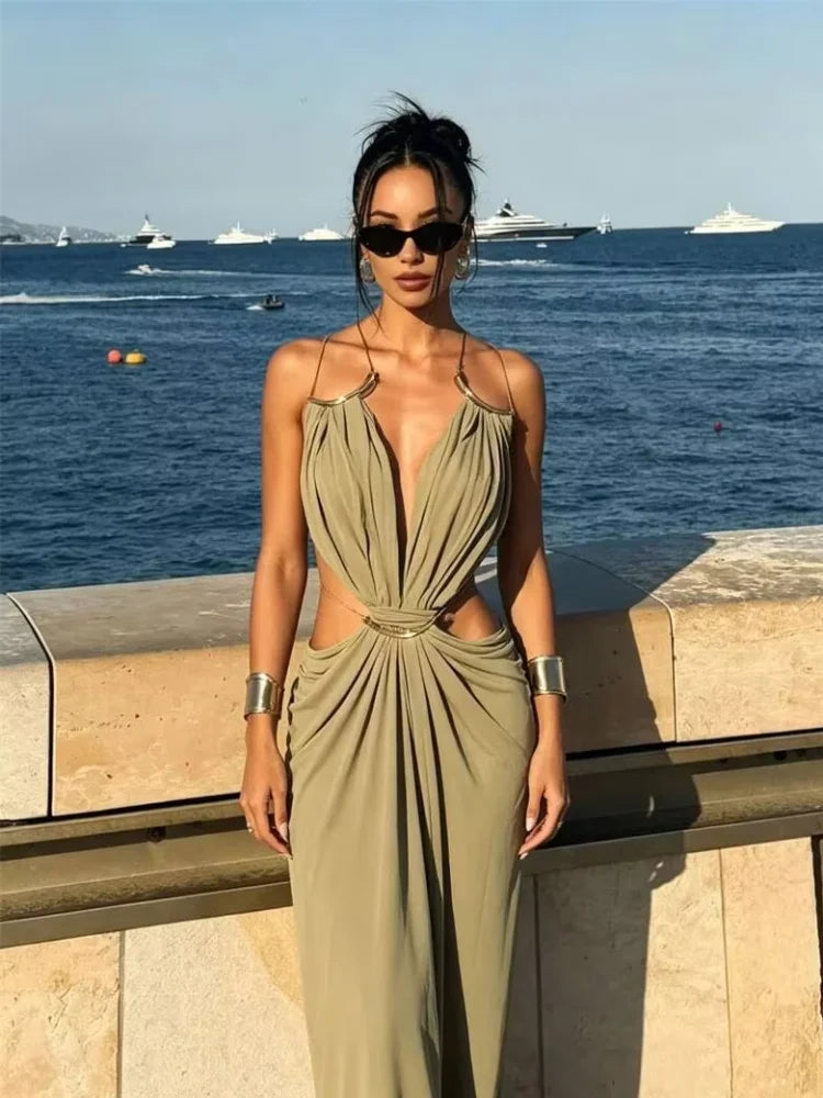 Women’s Sexy Cutout Waist Spaghetti Strap Maxi Dress