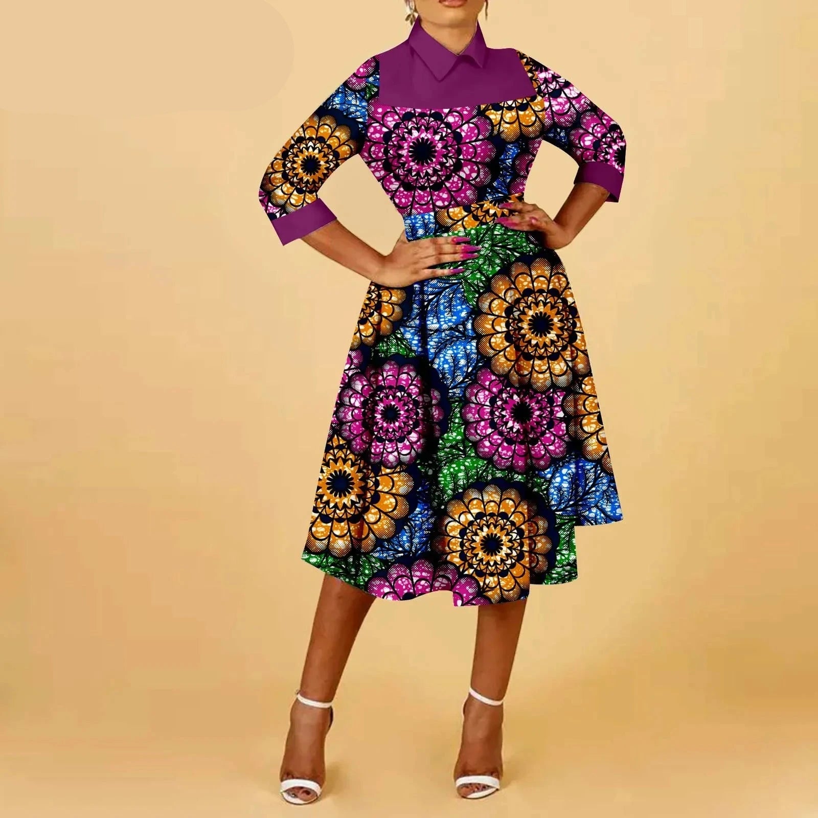 African Elegant Ankara Print Half Sleeve Dashiki Casual Women’s A-Line Midi Dress