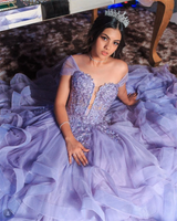 Purple Lace Embroidery Fairy Prom Dress | Glitter Fluffy Ruffle Gown