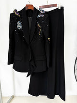 Damen-Blazer mit 3D-Schmetterlingsperlen & weite Hose | Designer-Laufsteg-Anzug-Set