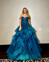 Glitzer-Spitzenstickerei-Ballkleid | Blaues Tüll-Rüschen-Abendkleid