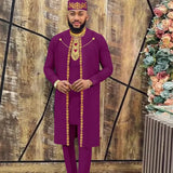 Men’s 4-Piece Agbada Set – Embroidery Robe, Shirt, Pants, and Hat, Traditional Dashiki Wedding Suit