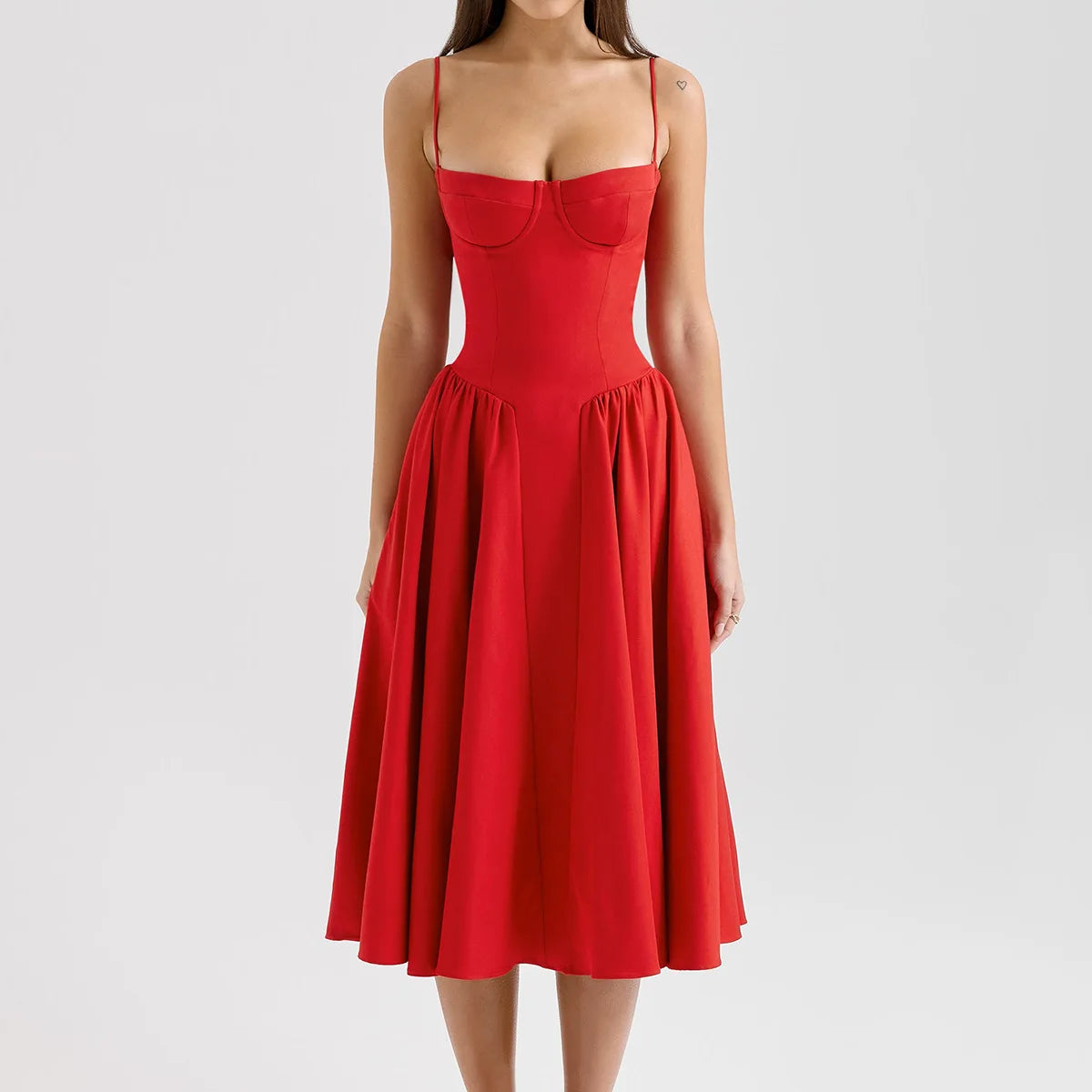 Women's Elegant Red Spaghetti Strap Midi Dress