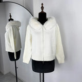 Damen Winter Flauschige Kapuzen-Strickjacke – Reißverschluss Patchwork Strickjacke