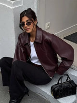 Female High Street Fashion: Retro Wine Red Faux Leather Jacket with Lapels (2025)