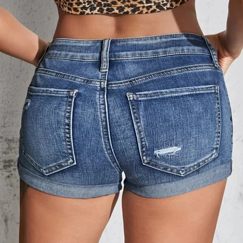 Damen-Shorts aus Denim mit geteiltem Saum, sexy, mittelhoher Taille, Sommer, Strand, Cut-Offs – schmale, elastische Jeans-Shorts