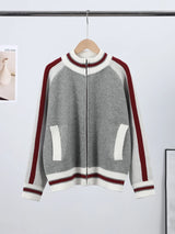 The Heritage Zip: Grau gestreifte Strickjacke mit Stehkragen – Moderner, legere geschnittener Preppy-Pullover-Mantel