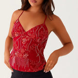 Damen Y2K Pailletten Neckholder Crop Top – Perlenbesticktes Glitzer-Cami