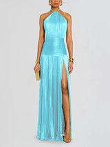Damen Neckholder Abendkleid | Schickes einfarbiges plissiertes rückenfreies Kleid