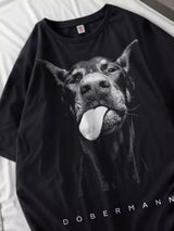 Women’s Oversized Cotton Graphic Tee with Vintage Dog & Cat Illustrations