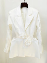 Damen-Blazer mit Cut-Out-Blumenapplikationen und Perlenbesatz – Elegantes Set mit weiter Hose aus Gaze