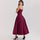 Women's Elegant Wine Red Corset Maxi Dress
