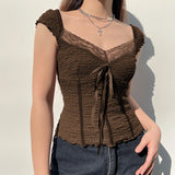 Damen Braunes Spitzen-Croptop Y2K Schleifen-Quadratkragen Sommer Kurzarm-Top