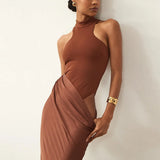 Damen Sexy Satin-Maxikleid mit Cut-Outs – Tailliertes Partykleid mit hoher Taille