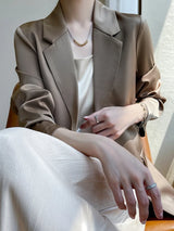 Koreanische Mode V-Ausschnitt Lockerer Top Blazer: Ein-Knopf-Anzugjacke aus Seidensatin