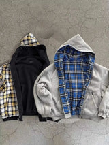 Herren Wende-Kapuzenpullover mit Reißverschluss – Übergroße karierte Streetwear, einfarbiges Retro-Sweatshirt