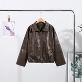 Women’s Lace-Up Faux Leather Jacket – Loose Fit Turn-Down Collar Moto Coat