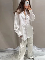 Women’s White Oversize Lapel Shirt – Y2K Weave Drawstring Blouse