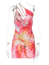 Damen One-Shoulder V-Ausschnitt Sommer-Minikleid – Bedrucktes, kontrastierendes, schmales Spaghettiträger-Kleid