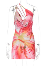 Damen One-Shoulder V-Ausschnitt Sommer-Minikleid – Bedrucktes, kontrastierendes, schmales Spaghettiträger-Kleid