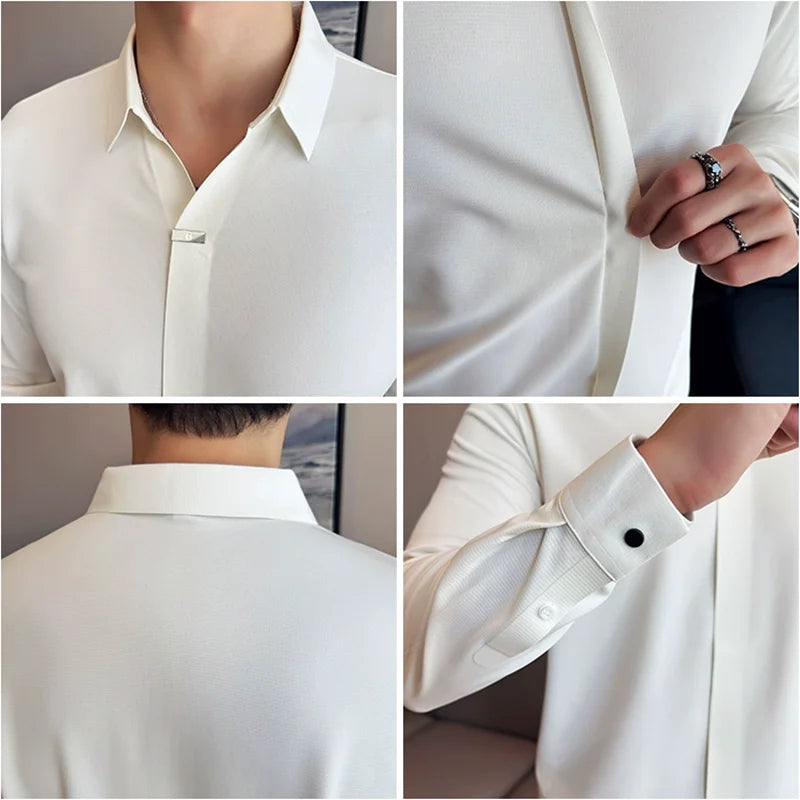 Men’s High Elastic V-neck POLO Shirt – Non-marking Seamless Long Sleeve T-shirt