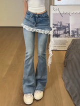 Damen Jeans mit Spitzenbesatz im Fake Two-Piece Design | Jeansrock in Mikro-Schlaghose-Optik