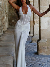 Damen Sexy tiefer V-Ausschnitt Neckholder Maxikleid – Rückenfreies durchsichtiges Abendkleid