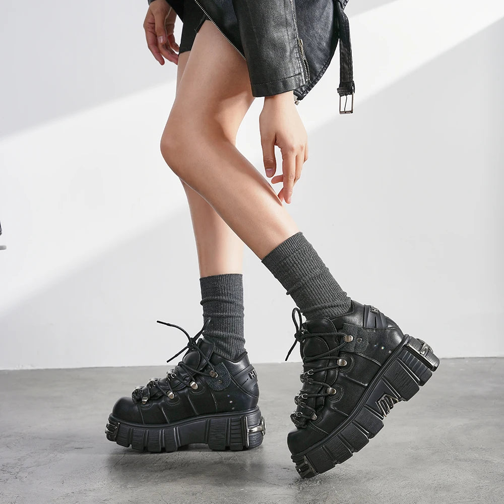 6cm Chunky Heel Punk Metal Strap Platform Ankle Boots