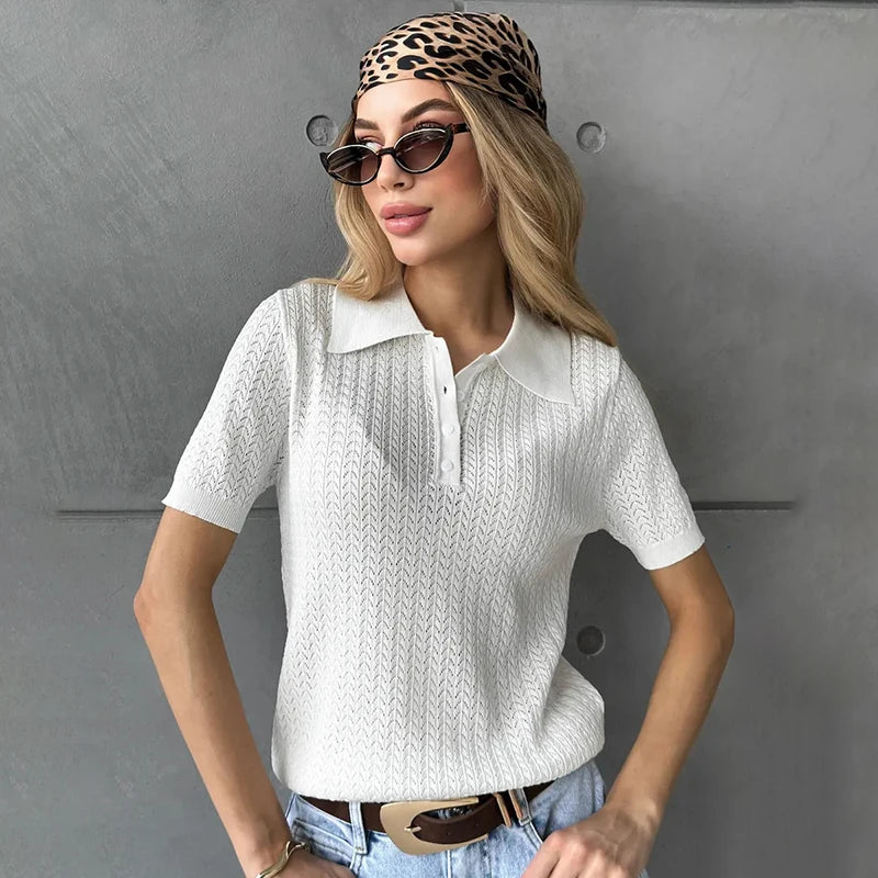 Damen Stricktop mit hohlem Reverskragen – Kurzärmliges Freizeit-T-Shirt mit lockerer Passform