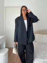 Women’s Casual Black Blazer – Loose Fit Double-Breasted Jacket