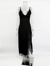 Damen sexy Spitzenkleid lang – Ärmelloses, rückenfreies Abendkleid mit Schlitz