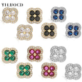 18K Gold Plated Flower Stud Earrings - Sparkling CZ Inlaid Multi-Color 4-Leaf Clover Earrings