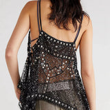 Damen Pailletten-Mesh-Tanktop im Y2K-Stil – Glitzerndes, blumig besticktes Cami-Top