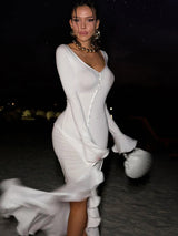 Women’s Sexy Deep V-Neck High Slit Ruffle Flare Sleeve Single Breasted Party Dress