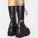 Women’s Black Gothic Platform Mid-Calf Flat Combat Motorcycle Boots