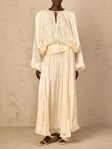 Women’s Elegant Spliced Fold Dress – Solid Loose Patchwork Midi, Round Neck Long Sleeve Lace-Up Dress