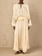 Women’s Elegant Spliced Fold Dress – Solid Loose Patchwork Midi, Round Neck Long Sleeve Lace-Up Dress