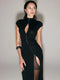 Metal Buckle Detail Sheath – Black O-Neck Short Sleeve Bodycon Dress