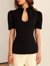 Women’s Stand Collar Short Puff Sleeve Blazer Shirt – Solid Black Single Breasted Blouse