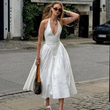Women’s Sexy Backless Deep V-Neck Maxi Dress – Spliced Halter Sleeveless Dress