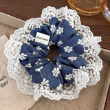 Denim Color Embroidered Flowers Lace Hair Scrunchies