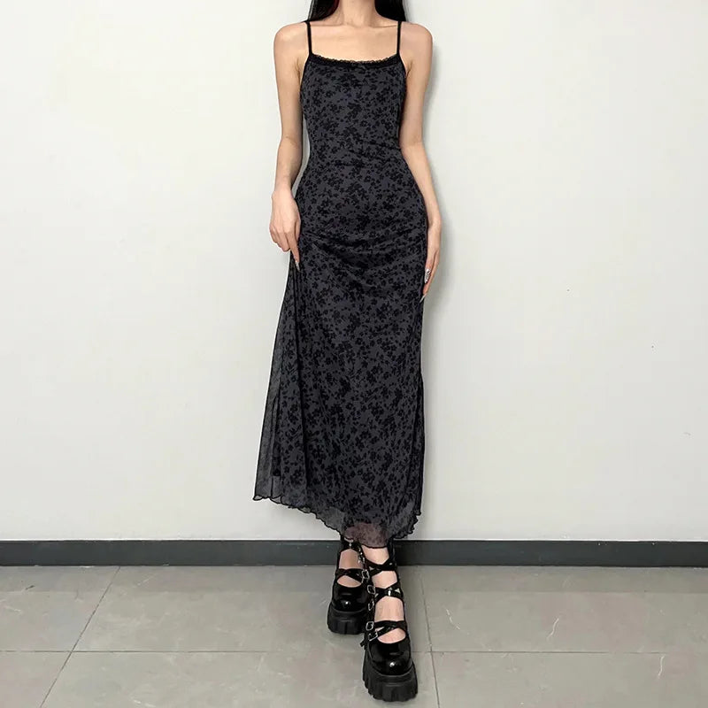 Gothic Bohemian Printed Dress | Vintage Grunge Printed Black Y2K Long Dress