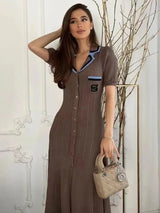Women’s Elegant Slim Knitted Long Dress – Vintage Designer Single-Breasted Maxi