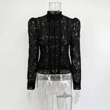Luxuriöse Spitzenbluse mit Print – Vintage-Hemd für Damen, einreihig, schmal geschnitten, elegantes Langarm-Partytop